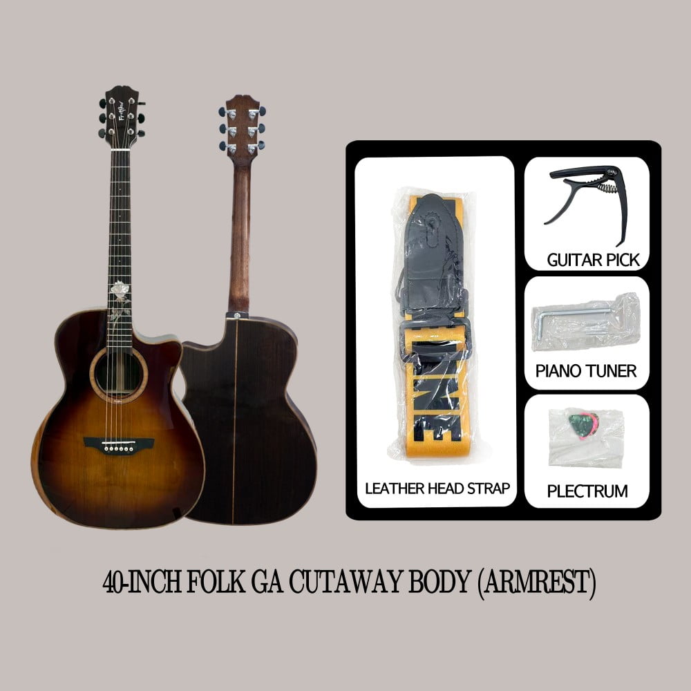 6-string Beginner Solid Spruce classic acoustic guitar, Rosewood fretboard (real shell carved rose), colored finish, right