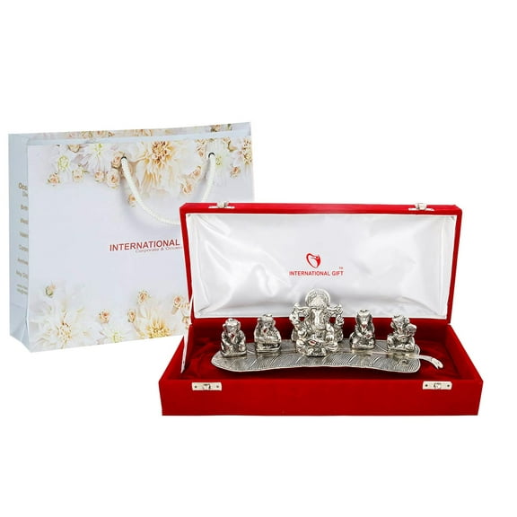 Silver Plated Musical Ganesh God Idol Statue Oxidized Finish with Velvet Box (8H x 28W x 6L Centimeters)