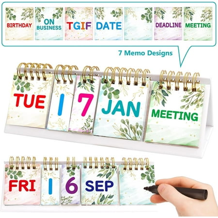 Myst Design Perpetual Calendar Flip Desktop Boho Calendar with Day Date Month and Note for Office Plan Schedule Classroom Supply Kitchen Decor 8 x 2.7