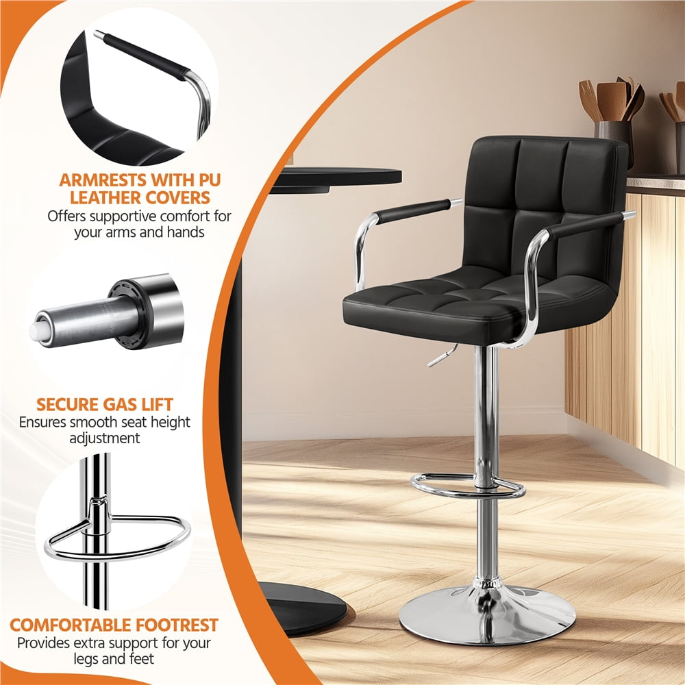 Alden Design Adjustable Swivel Bar Chair Modern Faux Leather Bar Stools, Set of 2, Black