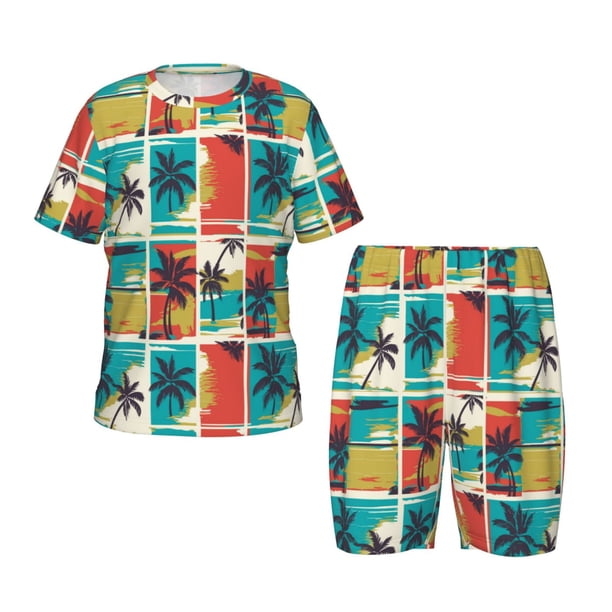 Balery Colorful Hawaii Palms Conjunto de Pijama Infantil de Manga Corta con Estampado – Ropa de Dormir de Algodón Suave-X-Large