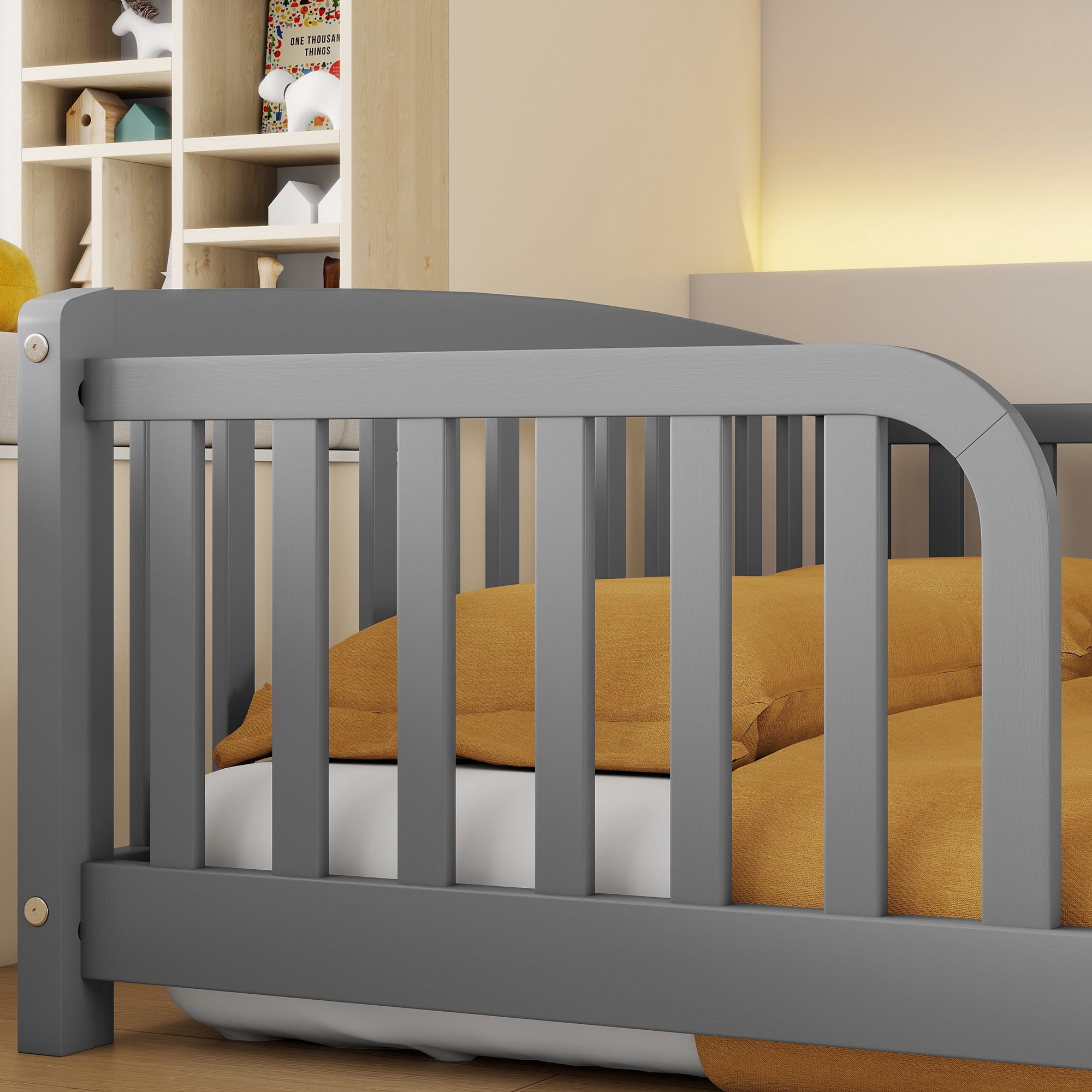 Leumius Full Size Floor Fence Bed with Central Entrance, Pine Wood Floor Bed with Guardrails for Boys Girls Grey