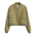 thumbnail image 3 of Chaqueta Universitaria Corta para Mujer, Larga, Abotonada, Informal, con Bolsillos. Verde Oliva M, 3 of 7
