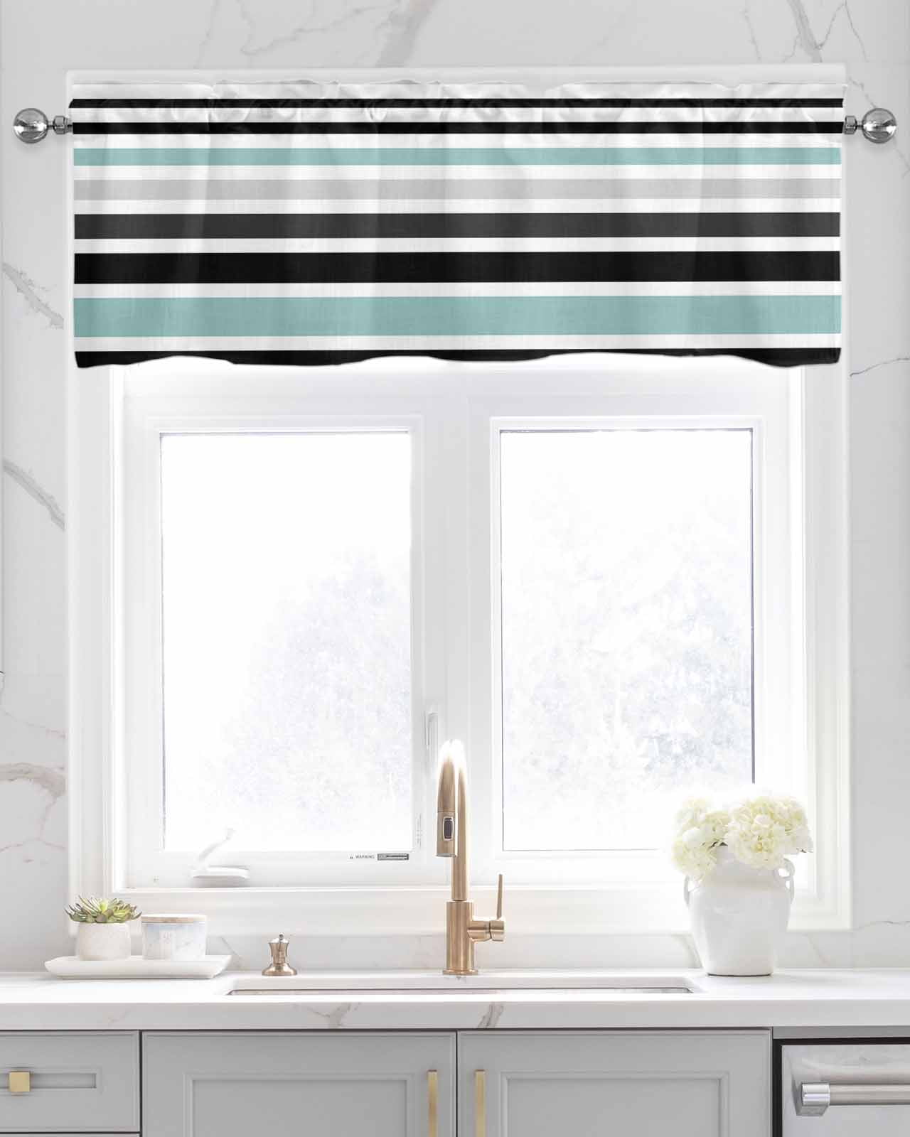 Turquoise Black Stripe Kitchen Valances for Windows Farmhouse Linen Window Valance Curtain for Living Room Window Treatment Modern Abstract Coarse Striped Valance Rod Pocket Topper, 54 x 18 Inch