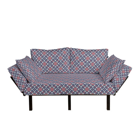 Abstract Futon Couch  Floral Hearts Forming Old Fashioned Mosaic Tiles Shabby Form Pattern  Daybed with Metal Frame Upholstered Sofa for Living Dorm  Loveseat  Night Blue Ivory Coral  by Ambesonne