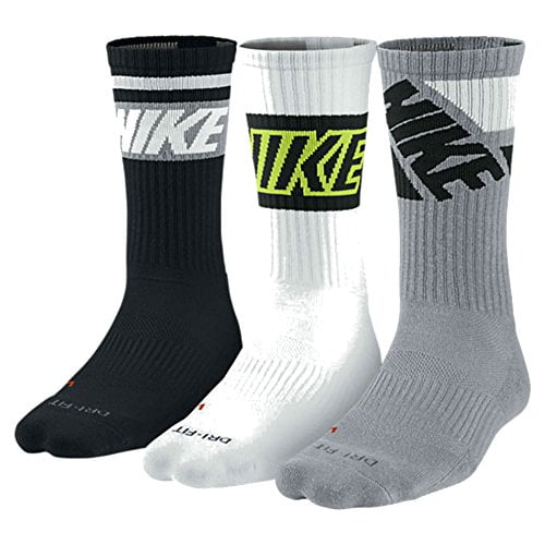 Nike Nike Dri Fit Fly Crew Socks 3 Pack (Gray/White/Volt/Black) Large