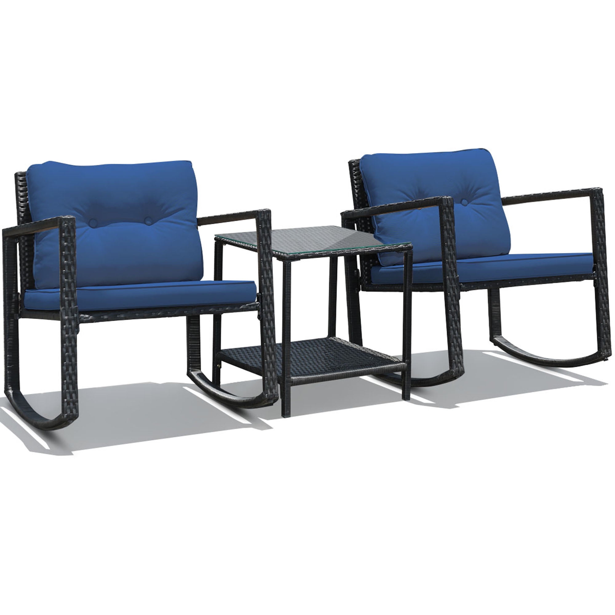 Gymax 3PCS Rattan Rocking Chair Table Set Patio Furniture Set w/ Navy Cushions