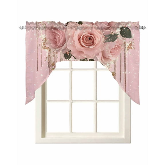 Pink Roses Romantic Kitchen Swag Valances for Windows, Watercolor Botanical Floral Swag Valances Curtains for Living Room, Rod Pocket Window Treatments for Bathroom, Bedroom, Cafe, 56"x36"