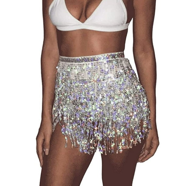 Gupgi Women Sequin Fringe Skirts Belly Dance Sparkly Tassel Tutu Skirt