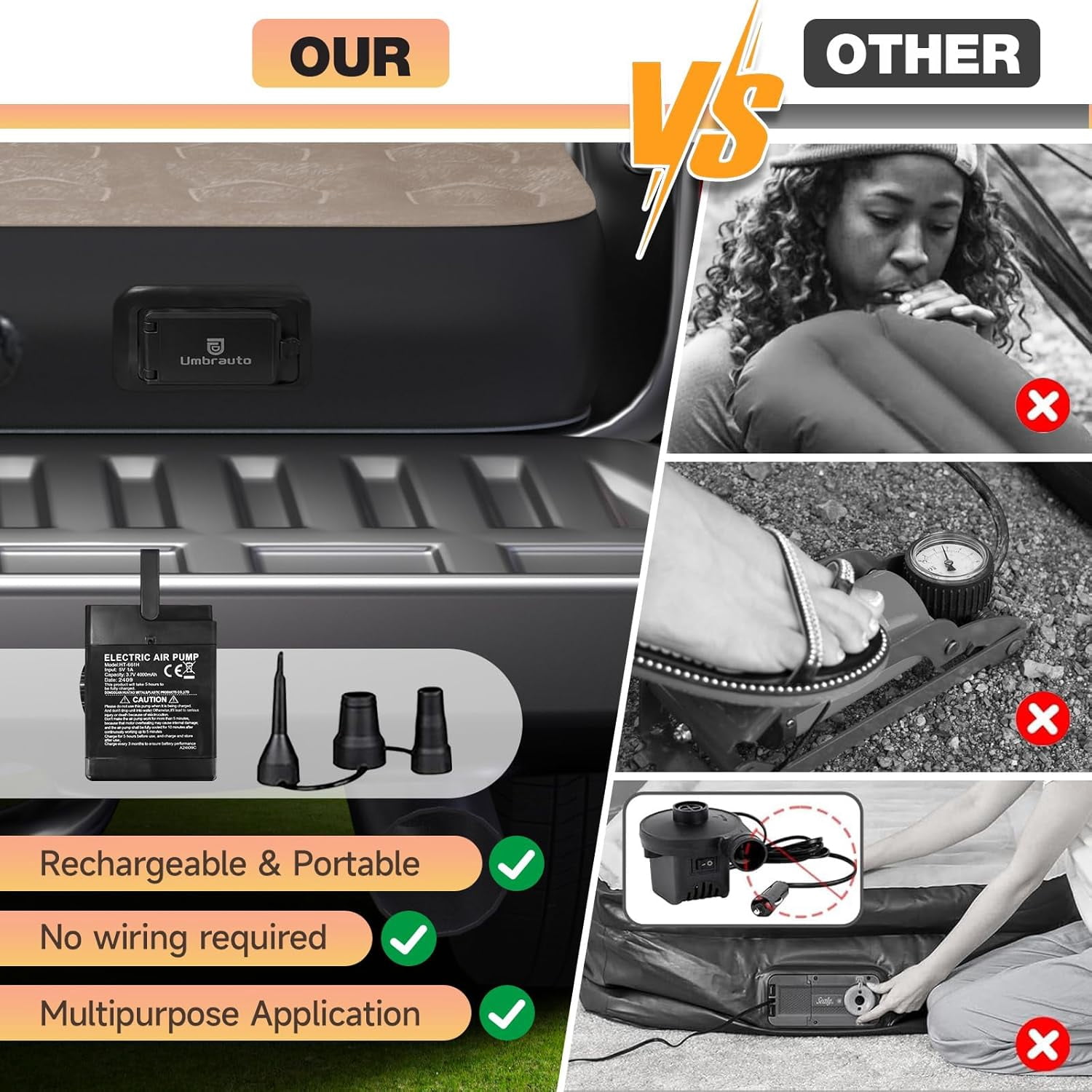 Umbrauto Truck Air Mattress for 6-6.5ft Full Size Truck Bed, Rechargeable Wireless Pump, Upgraded Peach Skin Fabric Top, Pickup Tent Airbed for Outdoor Travel(Black)