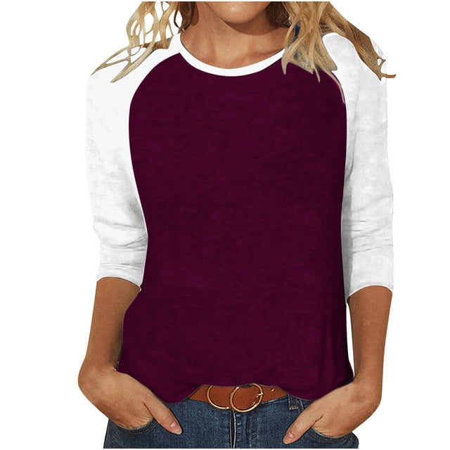 Besolor Hauts à Manches 3/4 pour Femmes Tunique à Manches Longues Col Rond Color Block Blouse Décontractée Ample Automne Printemps