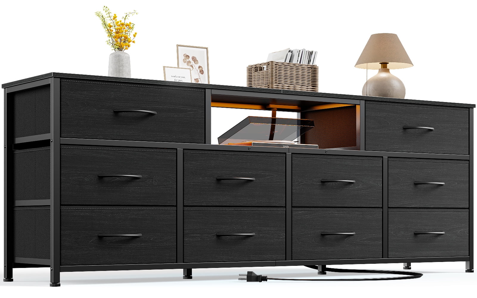 Tydimor TV Cabinet Stands for TVs up to 75", Entertainment Center with Outlet & LED, Media Console Table with 10 Drawers for Living Room, Black