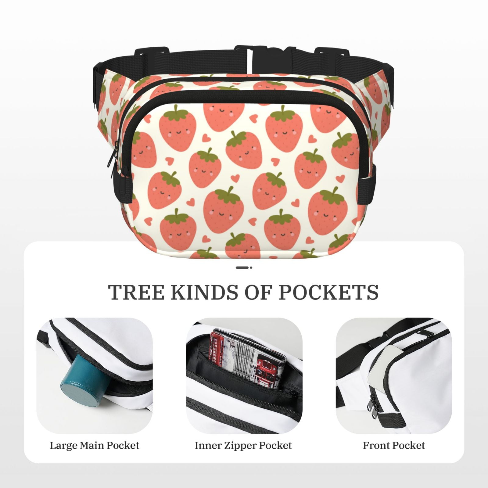 Picia Hand Drawn Strawberry Print Square Double-Layer Waist Bag Mini Adjustable Waist Belt Bag Exercise Running Travel Hiking