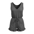 thumbnail image 4 of Womens Summer Jumpsuit V-Neck Short Sleeve Romper Playsuit Solid Color Trousers Pants One Piece Bodysuit Ladies Office Elegant Overall Gray M, 4 of 6