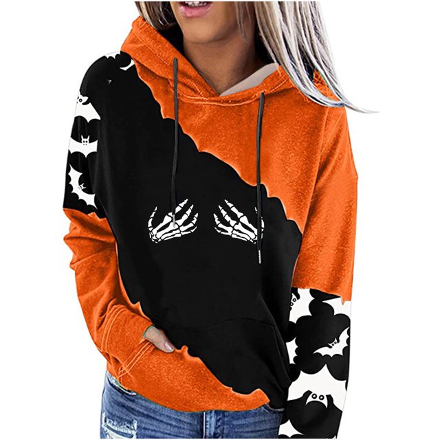 Blusa de manga larga suelta con estampado de Halloween a la moda para mujer, camisetas informales, sudaderas con capucha Pompotops FGAJ17069