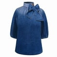 thumbnail image 2 of VIWORLD Women's Spring & Fall Denim Style Blouse - Puff Sleeve Design with Stand Collar & Bow Detail Dark Blue，S, 2 of 7