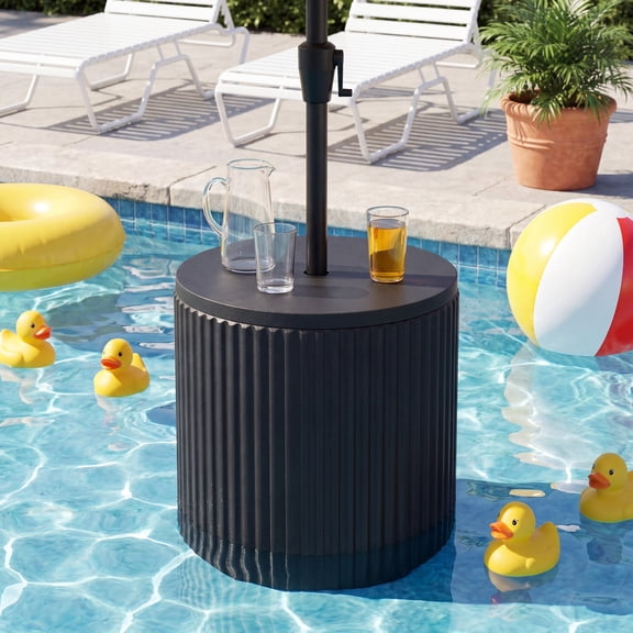 MOALCOFER 20.5" H Outdoor Umbrella Side Table, Adjustable Umbrella Holder with 11.5 Gallon Weightable Base, Waterproof Wood Grain Patio End Table, Black
