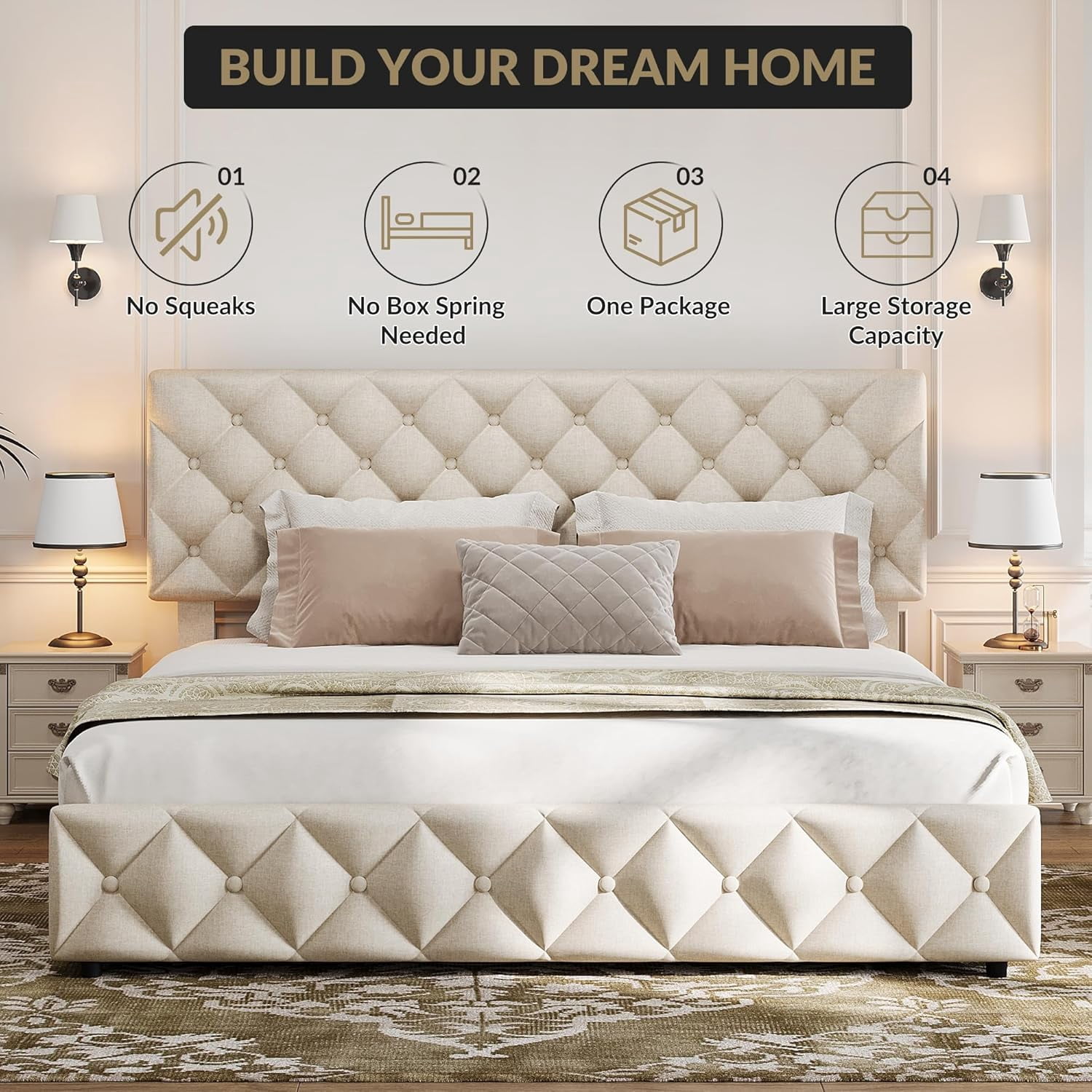 Queen Size Bed Frame with 4 Storage Drawers & Headboard, Linen Upholstered Platform Bed Frame, Stylish Diamond Tufted Design, No Box Spring Needed | Off - White