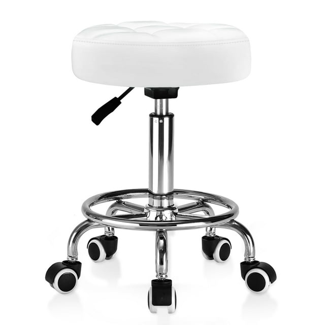 Tabouret Roulant en Cuir PU Rond - Coussin de Siège Ultra Doux avec Roues et Repose-Pieds, Grande Capacité de Poids 350lb, Tabouret Pivotant Réglable pour Tatouage Massage Salon