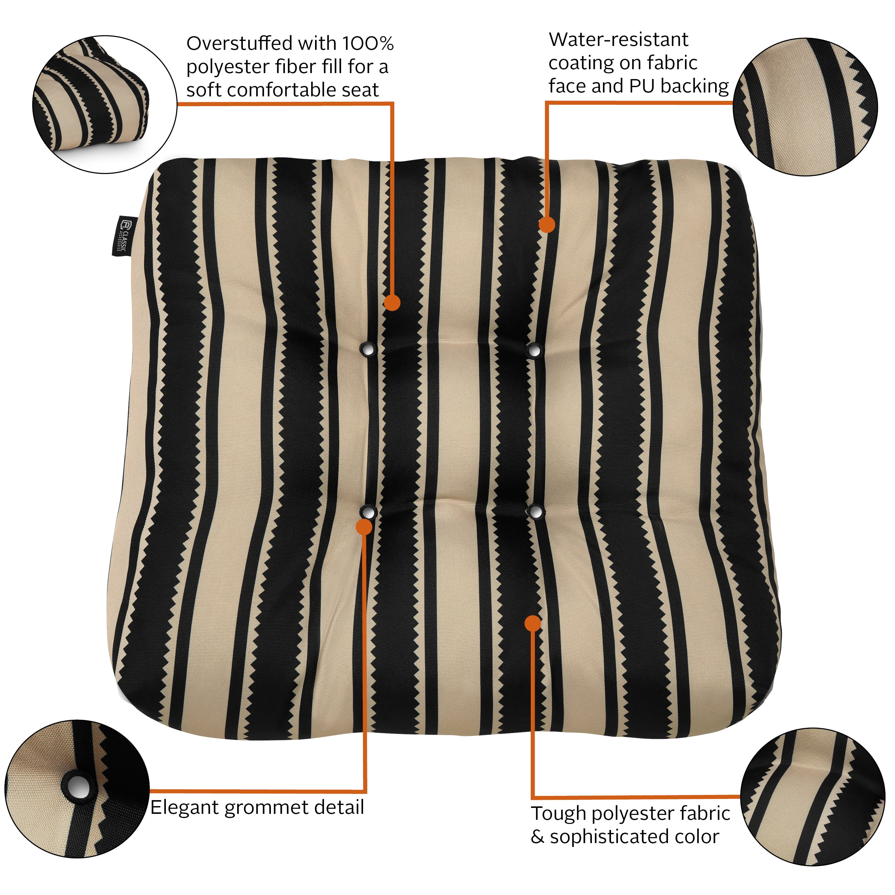 Classic Accessories Water-Resistant Square Patio Seat Cushions, 19 x 19 x 5 Inch, 2 Pack, Black Sedona Stripe