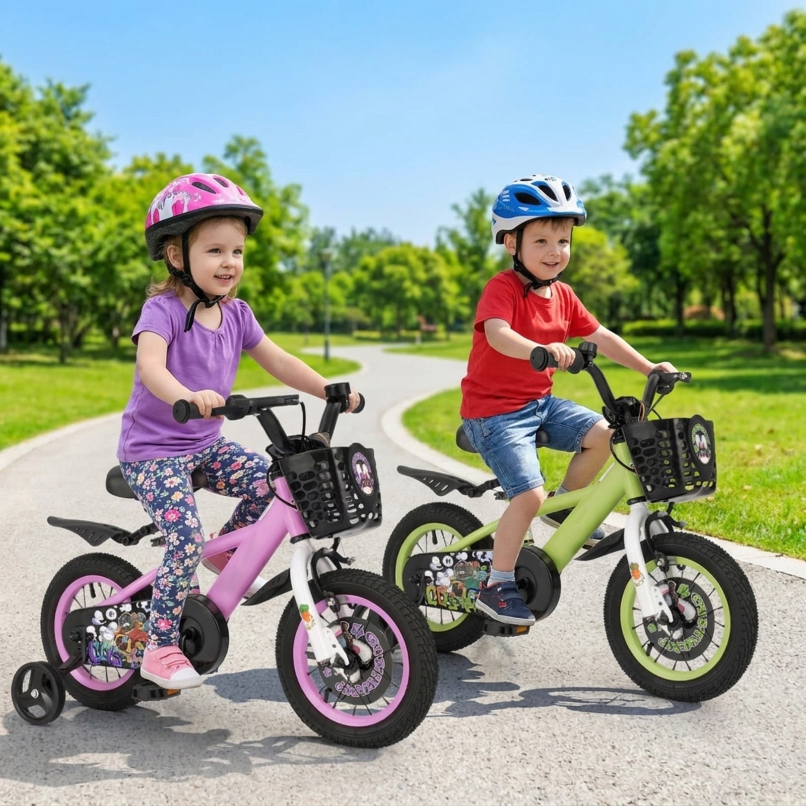 Redsmile Kids Bike 12 Inch with Detachable Training Wheels for 3-4 Years Old Boys Girls, Adjustable Kids Bicycle with Storage Basket, Handbrake and Coaster Brake, 12" Toddler Bike, Green