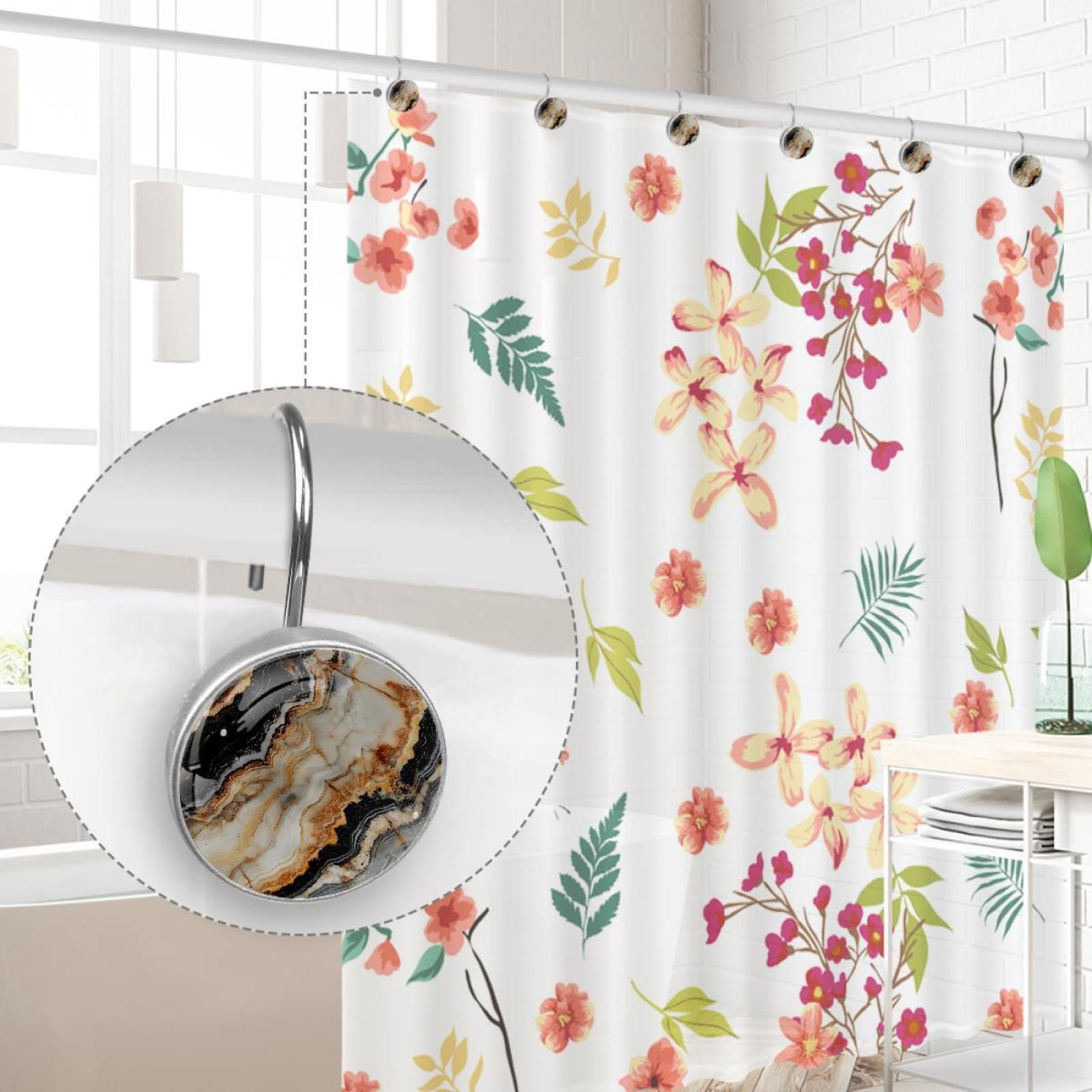 Flow Black Marble Wave Shower Curtain Hooks Round Crystal Glass, Set of 12 Shower Curtain Rings - Shower Hooks for Curtain Shower Rings