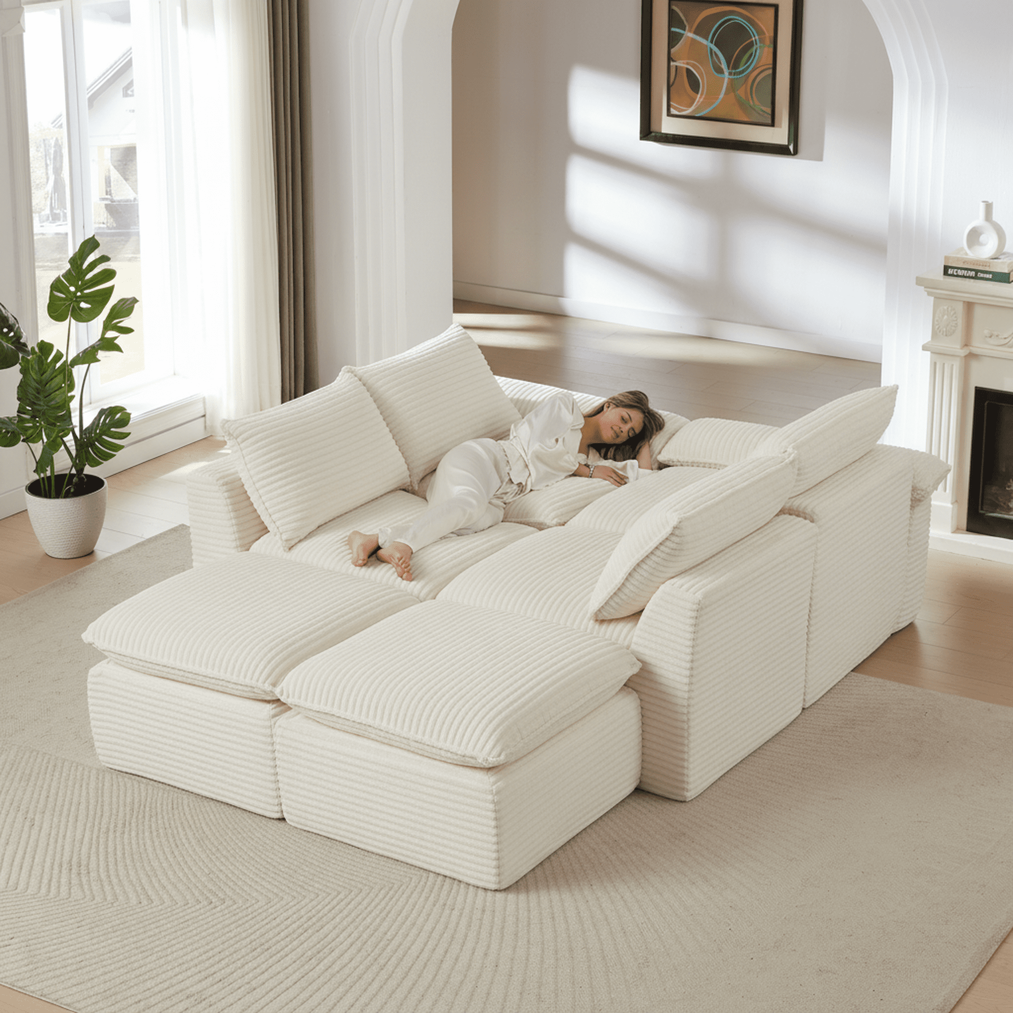 MAYEERTY Modern Modular Corduroy Sofa, White Cloud-Soft Sectional Couch for Apartment