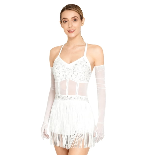Moggemol Ensemble de Robe de Danse Latine à Paillettes pour Femmes, Justaucorps, Tango, Salsa, Rumba, Cocktail, Soirée, Blanc, G