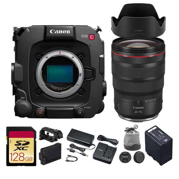 Canon EOS C400 6K Full Frame Cinema Camera with RF Mount, Triple Base ISO, Internal Cinema RAW Light, Compact Design (6388C002)   Canon RF 24-70mm f/2.8L IS USM Lens   128GB Card