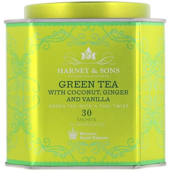 Harney & Sons, Green Tea with Coconut, Ginger and Vanilla, 30 Sachets, 2.67 oz Pack of 2
