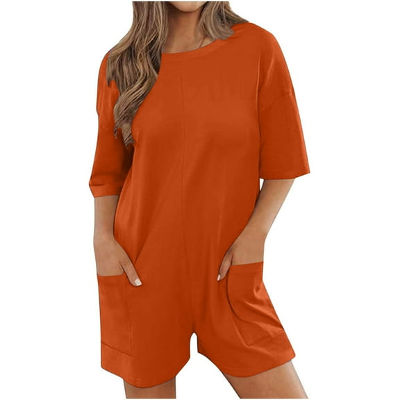 hotojiny Women's Summer Oversized Tee Romper Loose Solid Hot Shot Jumpsuit Casual Short Sleeve Crew Neck On-Piece Outfits with Pockets
