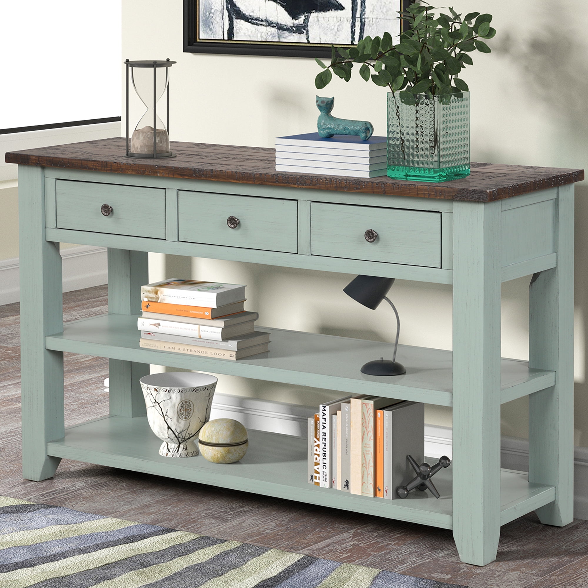 Narre Green End Table with Storage Living Room Side Table 2 Drawer & Open  Storage