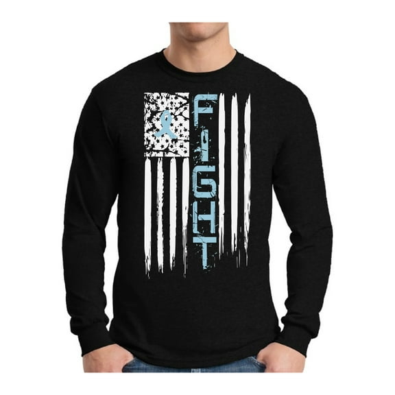 Awkward Styles Men's Prostate Cancer Distressed American Flag Graphic Long Sleeve T-shirt Tops Fight Blue Ribbon