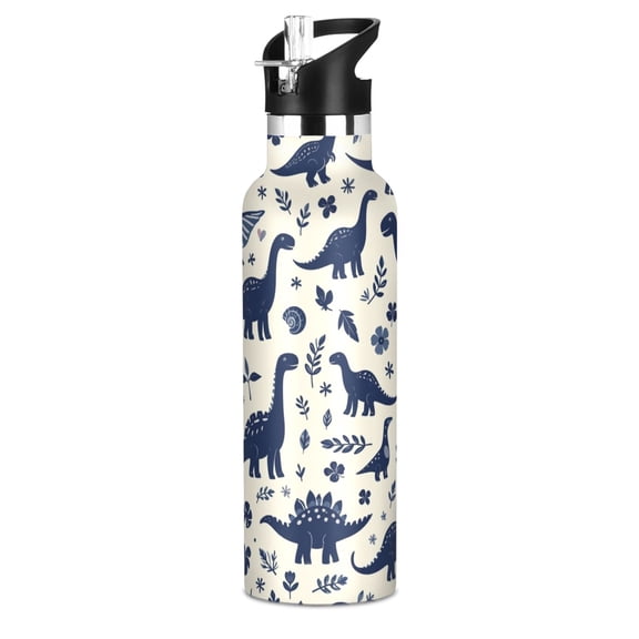 600ml Stainless Steel Water Bottle with Straw/Handle Bike Water Bottle, Navy Dino Printed