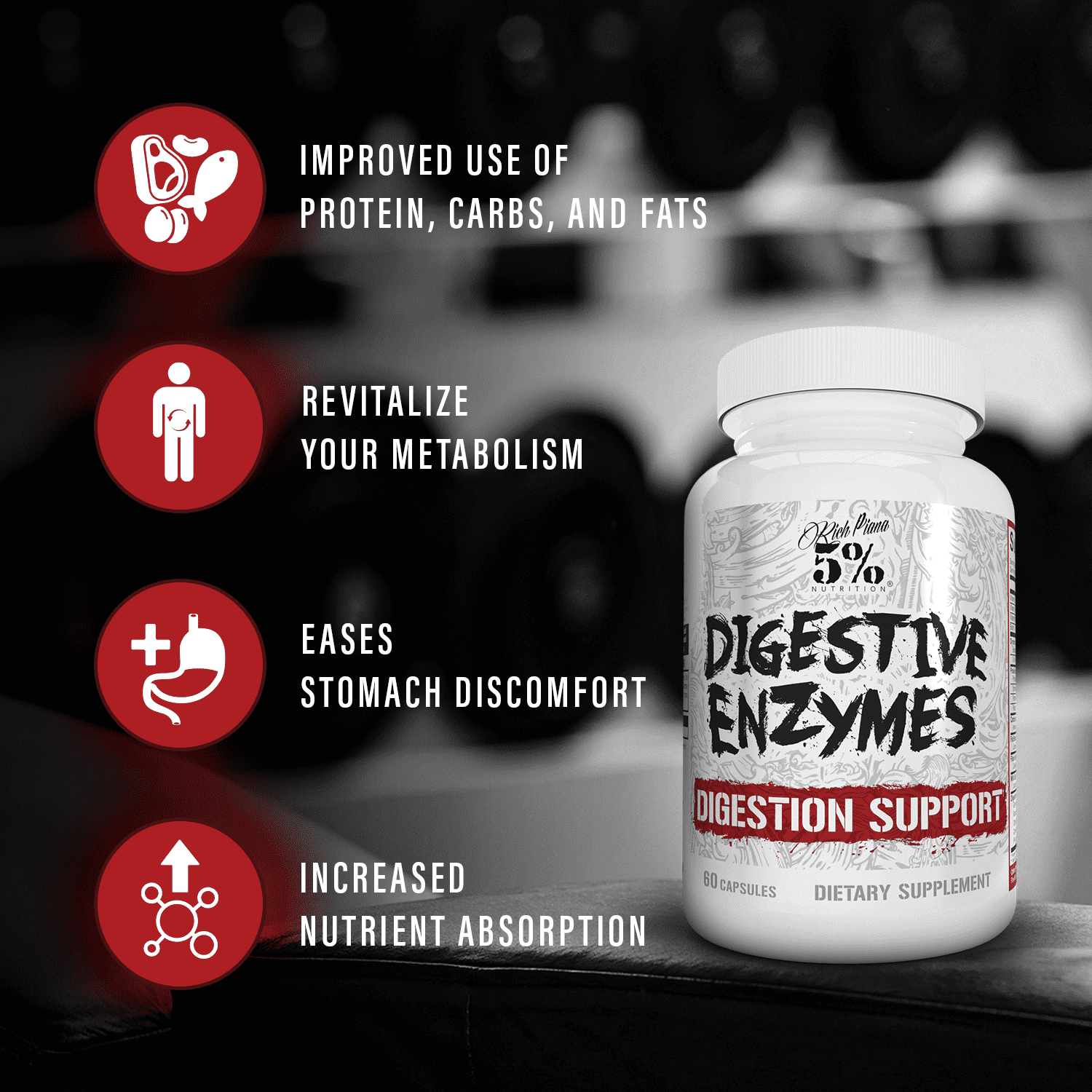 5% Nutrition Rich Piana Digestive Enzymes w/Vitamin B Complex | Enzymes for Protein, Carb, Fat, Fiber & Lactose Breakdown Betaine, Bromelain, Papain (Papaya), Lipase, Lactase, 60 Veg Caps (30 Svgs)