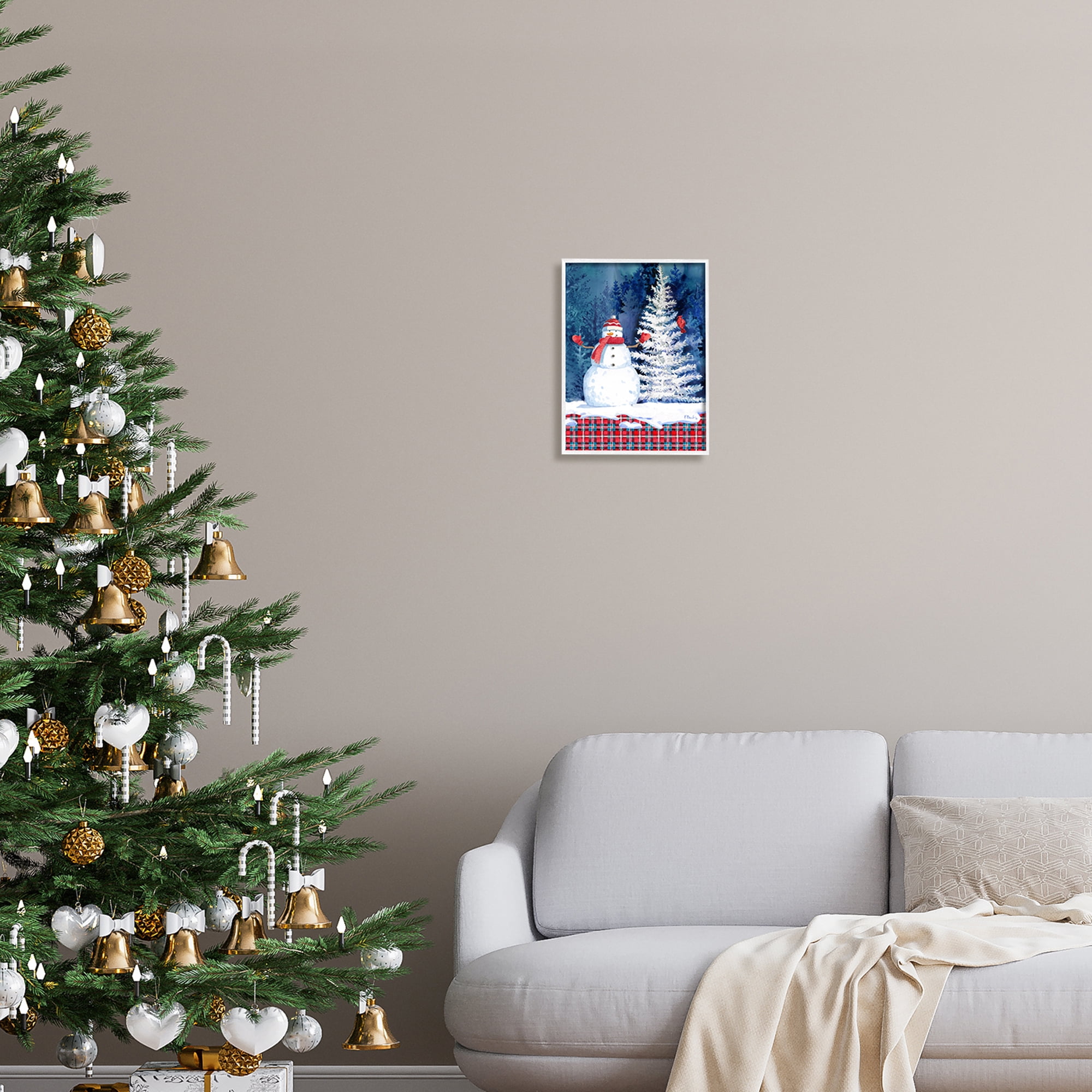 Stupell Industries Winter Snowman on Plaid Holiday Painting White Framed Art Print Wall Art, 11 x 14