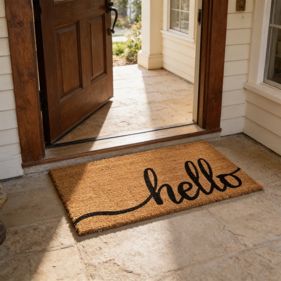 Hello Door Mat, Outdoor Indoor Coconut Coir Doormat with Heavy Duty PVC Backing, Natural Color, Perfect for Entryway, (Approx, 23 x 32 inches)