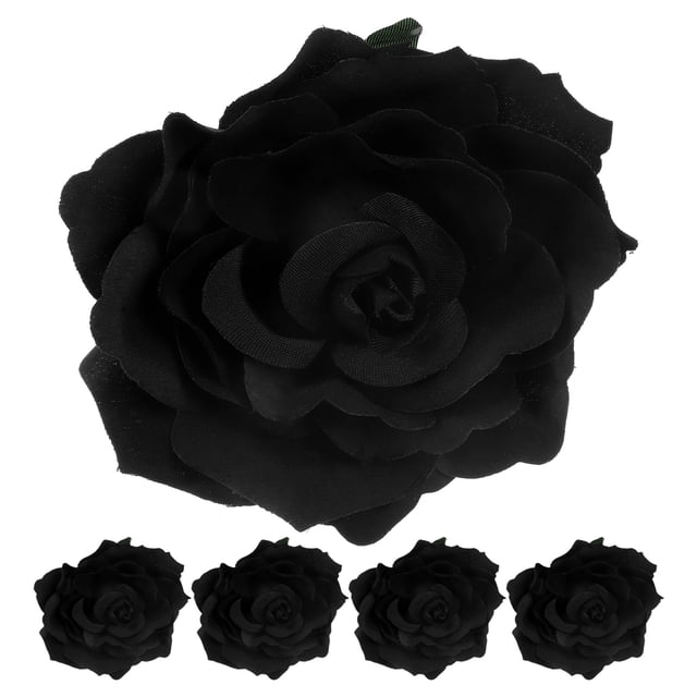 5 broches de flores de tela de 10 cm para novia, con forma de rosa realista, para el pelo, para boda (negro)