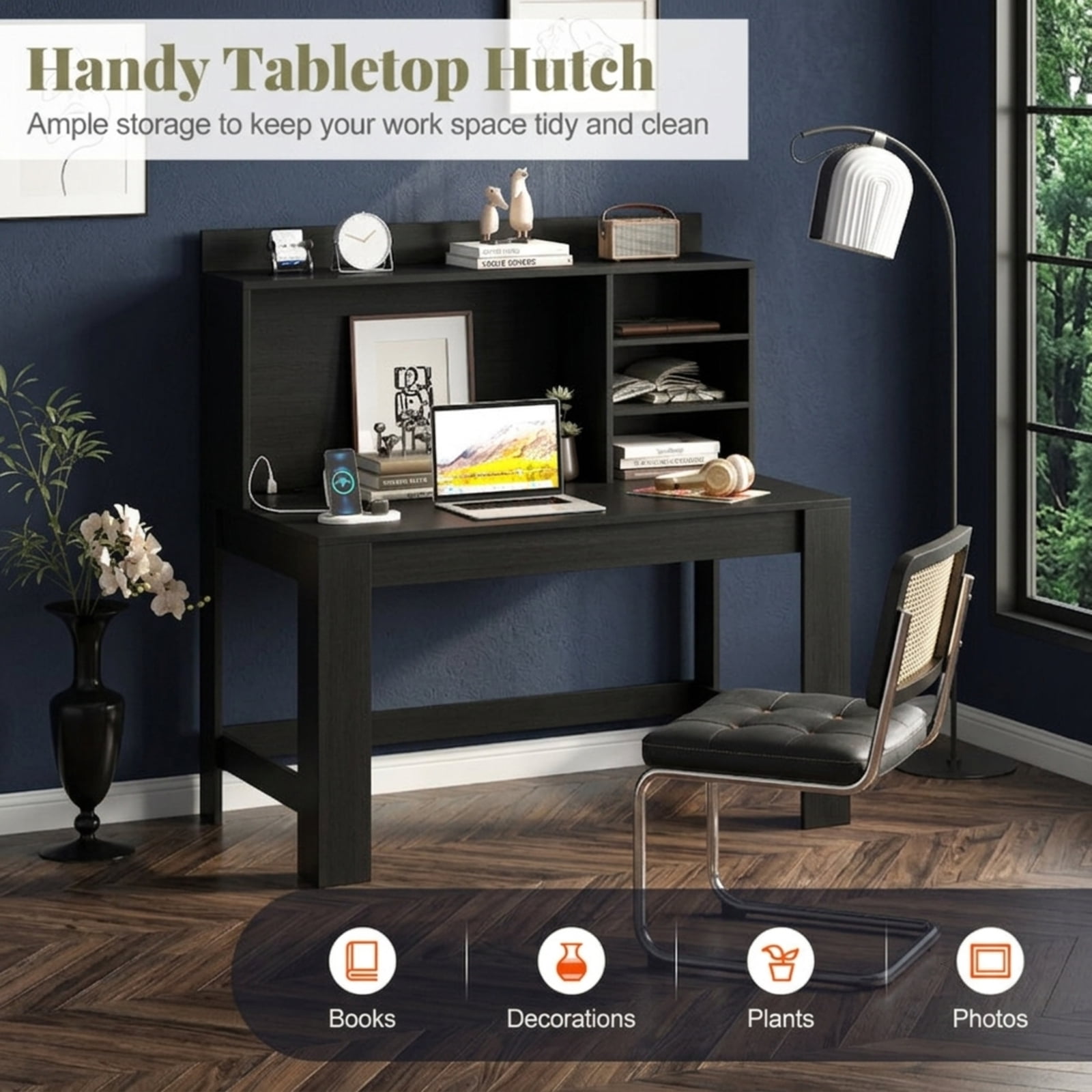 Furnibear Modern Computer Desk with Hutch and Home Office Desk with Storage Shelves Charging Station and USB Ports for Study and Bedroom, Black