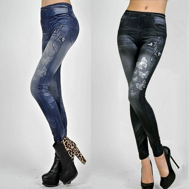 Womens Skinny Leggings Slim Faux Denim Jeans Jeggings High Stretchy Pencil  Pants