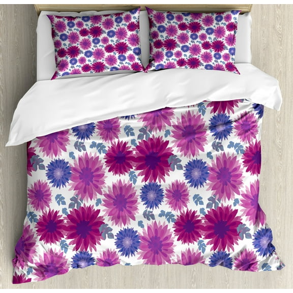 Garden Duvet Cover Set King Size, Chrysanthemum with Blooming Petals Floral Ornate Fall Flowers, Decorative 3 Piece Bedding Set with 2 Pillow Shams, Pink Magenta and Dark Lavender, by Ambesonne