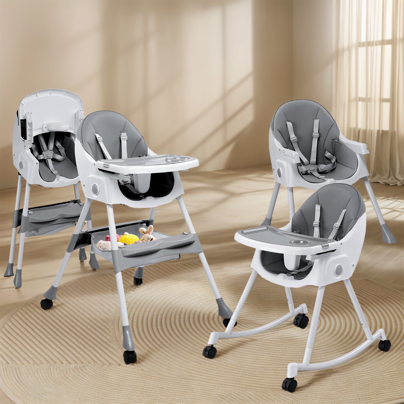 Ktaxon Baby High Chair, Convertible 6 in 1 High Chairs for Babies and Toddlers, Foldable Baby Highchair with 5-Point Safety Harness, Adjustable Dining Tray, Backrest & Height, Gray