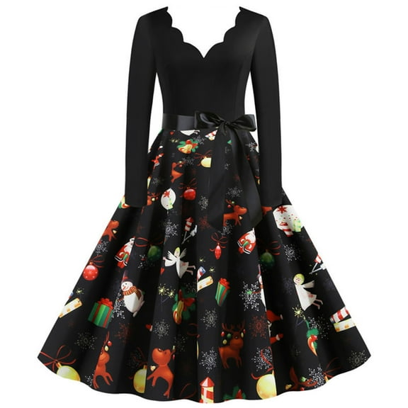 Herrnalise Women's Christmas Printed Patchwork Bow Long Sleeve V-Neck Dresses S-2XL
