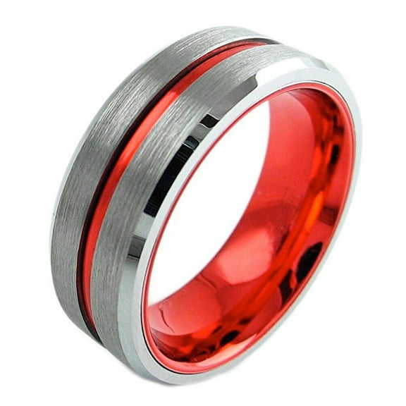 Wedding Rings For Men or Women 8mm Gray Tungsten Band w Red Groove Line