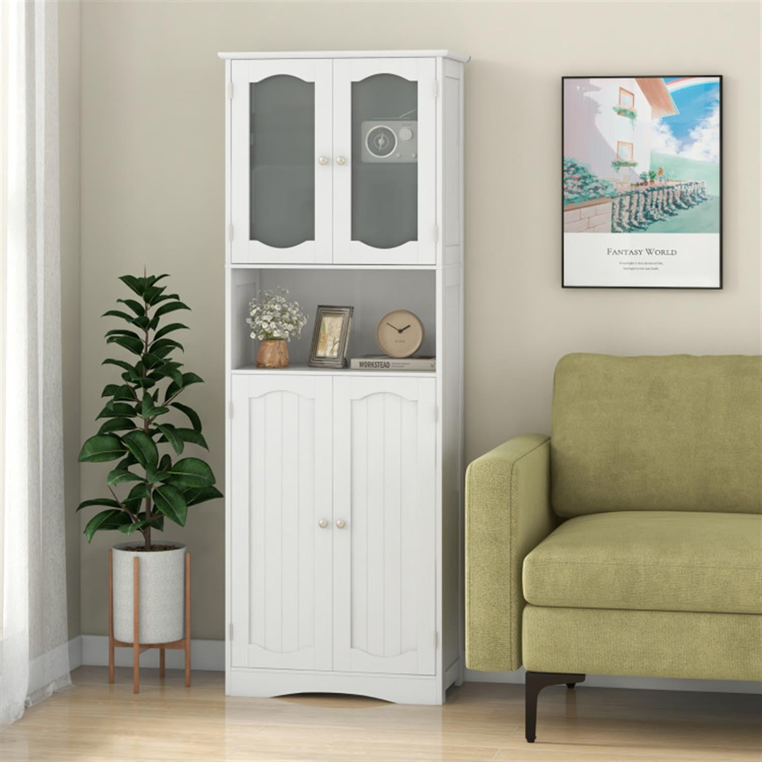 Demi Bonn 64.5" Tall Freestanding Bathroom Storage Cabinet with Frost Glass Doors and Shelves, Pantry Cabinets, White