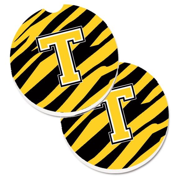 Carolines Treasures CJ1026-TCARC Monogram Initial T Tiger Stripe - Black Gold Set of 2 Cup Holder Car Coasters Large
