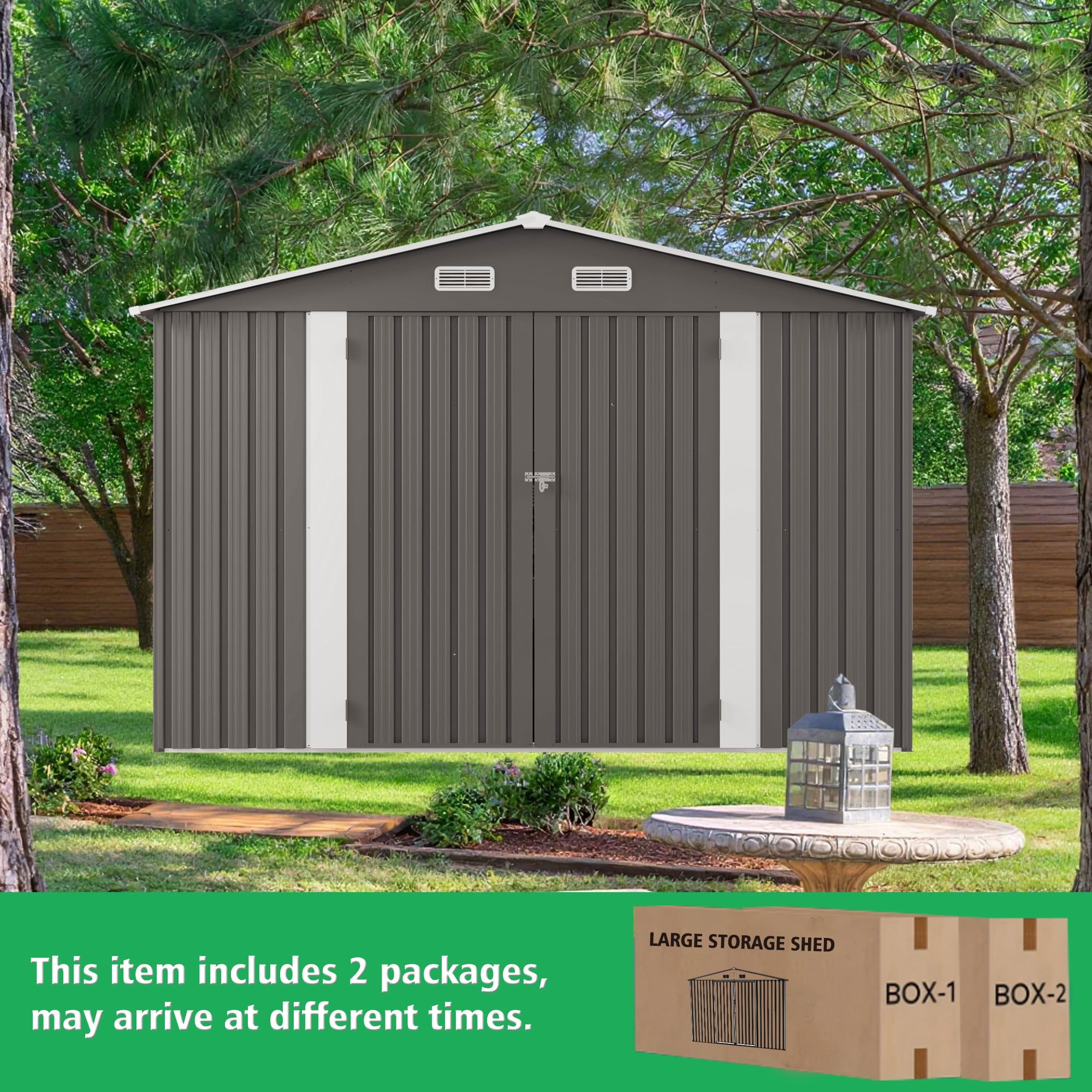 MAYEERTY 10x12 FT Large Metal Outdoor Storage Shed, Galvanized Steel Garden Shed with Lockable Double Doors, Two Windows & Waterproof Roof, for Backyard