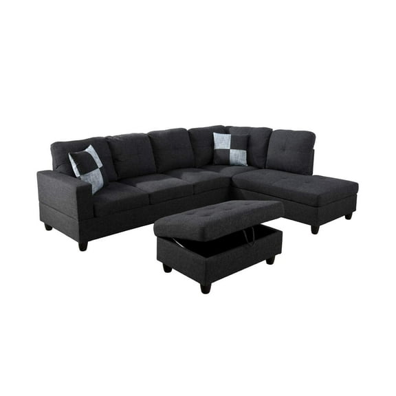 PonLiving Furniture Nate Right Facing Sectional Sofa with Ottoman, Black Gray