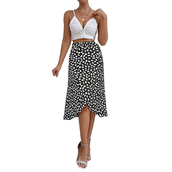 Franhais Women Midi Skirt, Printed High Waist Ruffle Hem Irregular Loose Tie-Up Skirts, Ladies Below-Knee Split Bottoms