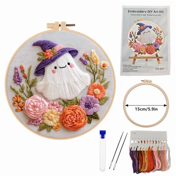 Halloween DIY Embroidery Starter Kit for Beginners Adults, Pre-Printed Needlepoint Kit with 5.9" Hoop, Color Threads & Tools, Long Stitch Needlework Arts Crafts Wall Decor Gifts(RL)